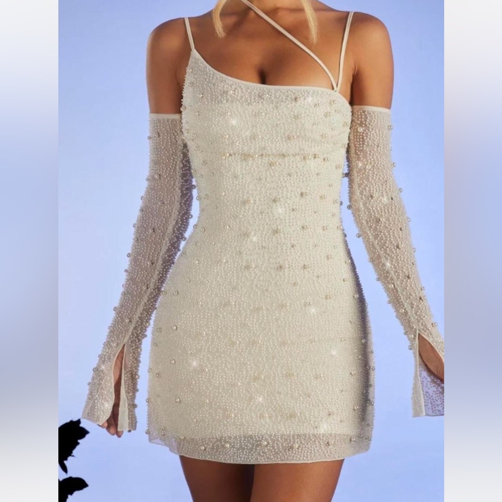 Oh Polly Pearl-Embellished Ivory Dress